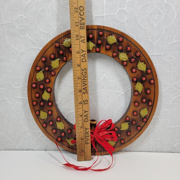 VINTAGE Wood Wreath 11" Brown Red‎ 3-D Accents Candle Holder Christmas Decor - Picture 12 of 16